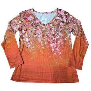 NXH Floral Print Long Sleeve V Neck Top Women Orange Rust Fall Size L NWT‎